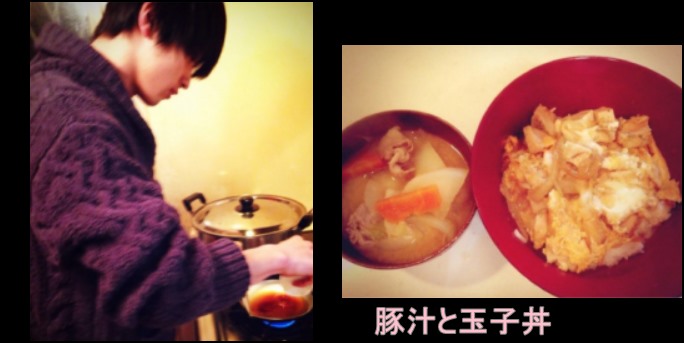 横浜流星が料理を作っているところと出来た豚汁と玉子丼の画像