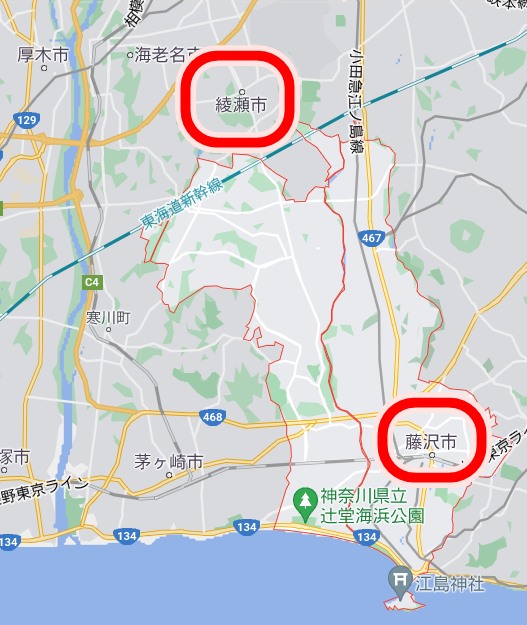 神奈川県綾瀬市と藤沢市の位置関係が分かる地図を記載